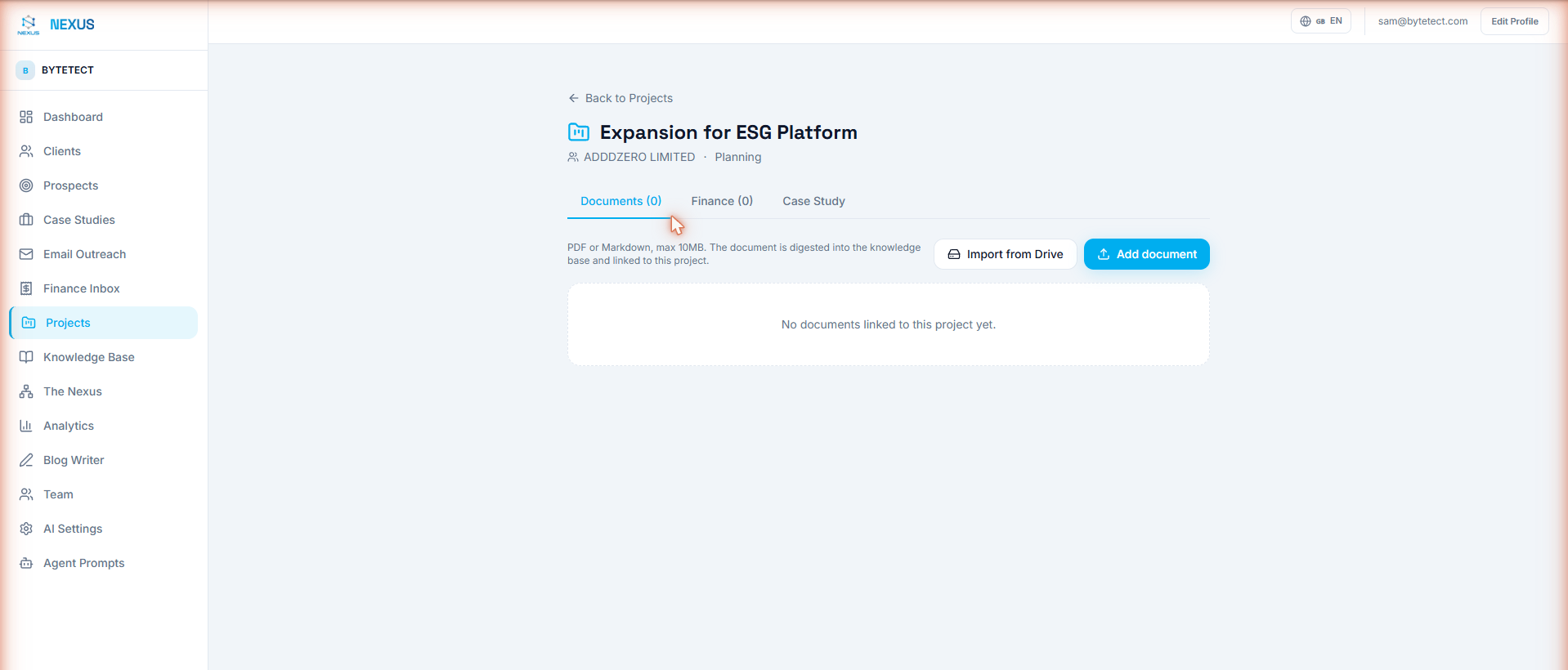 A Nexus OMAS project page with Documents, Finance, and Case Study tabs
