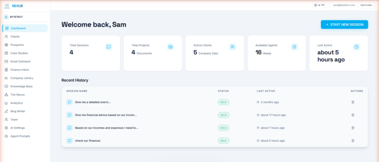 Nexus OMAS dashboard showing workspace stats and recent AI sessions