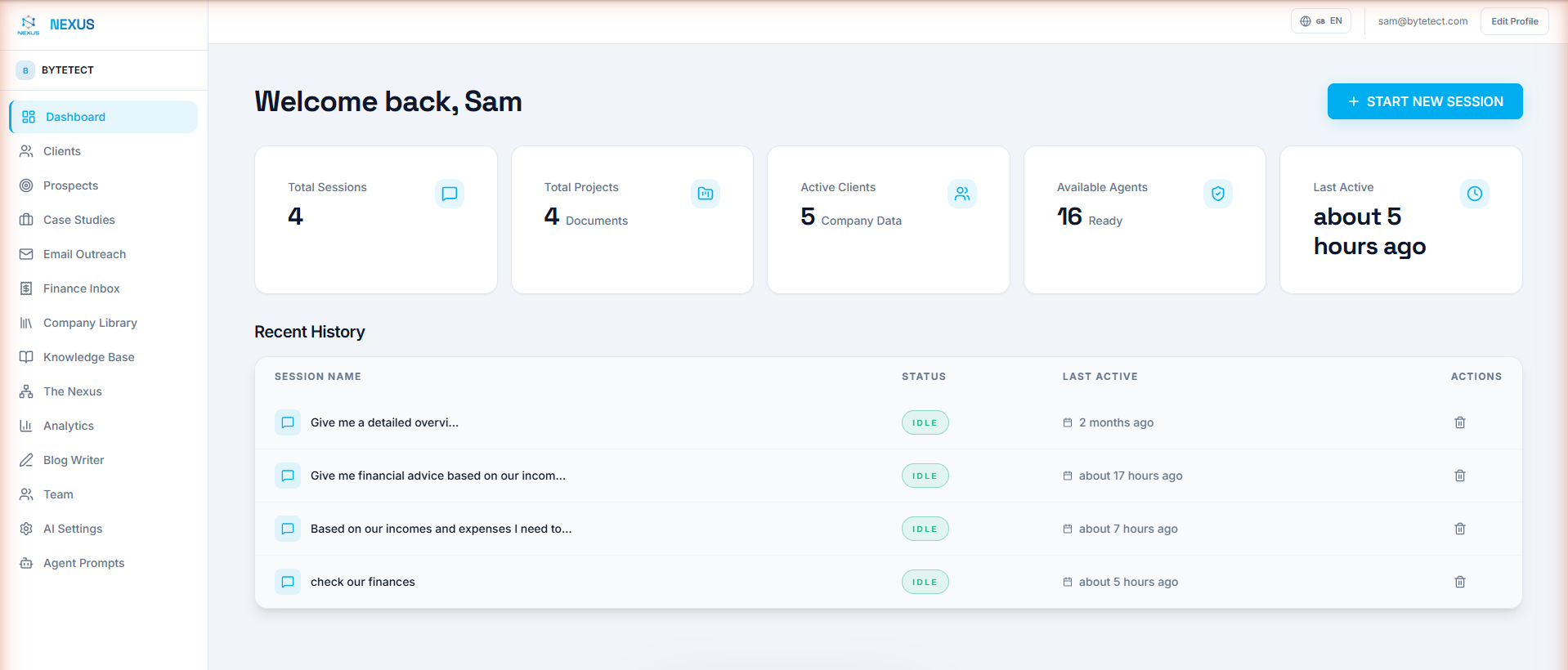 Nexus OMAS dashboard showing workspace stats and recent AI sessions