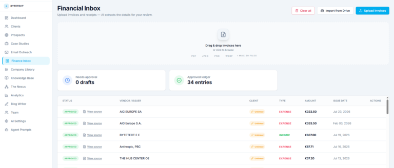Nexus OMAS Financial Inbox turning uploaded invoices into draft transactions