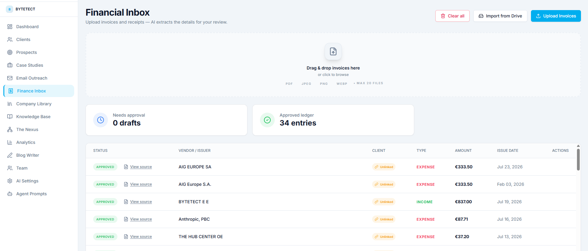 Nexus OMAS Financial Inbox turning uploaded invoices into draft transactions