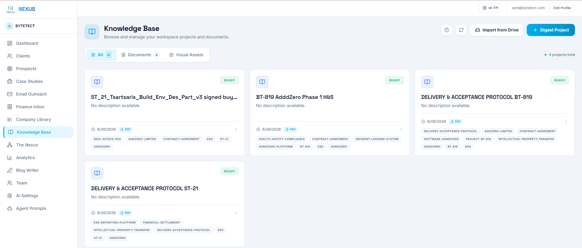 Nexus OMAS Knowledge Base with document projects and Drive import