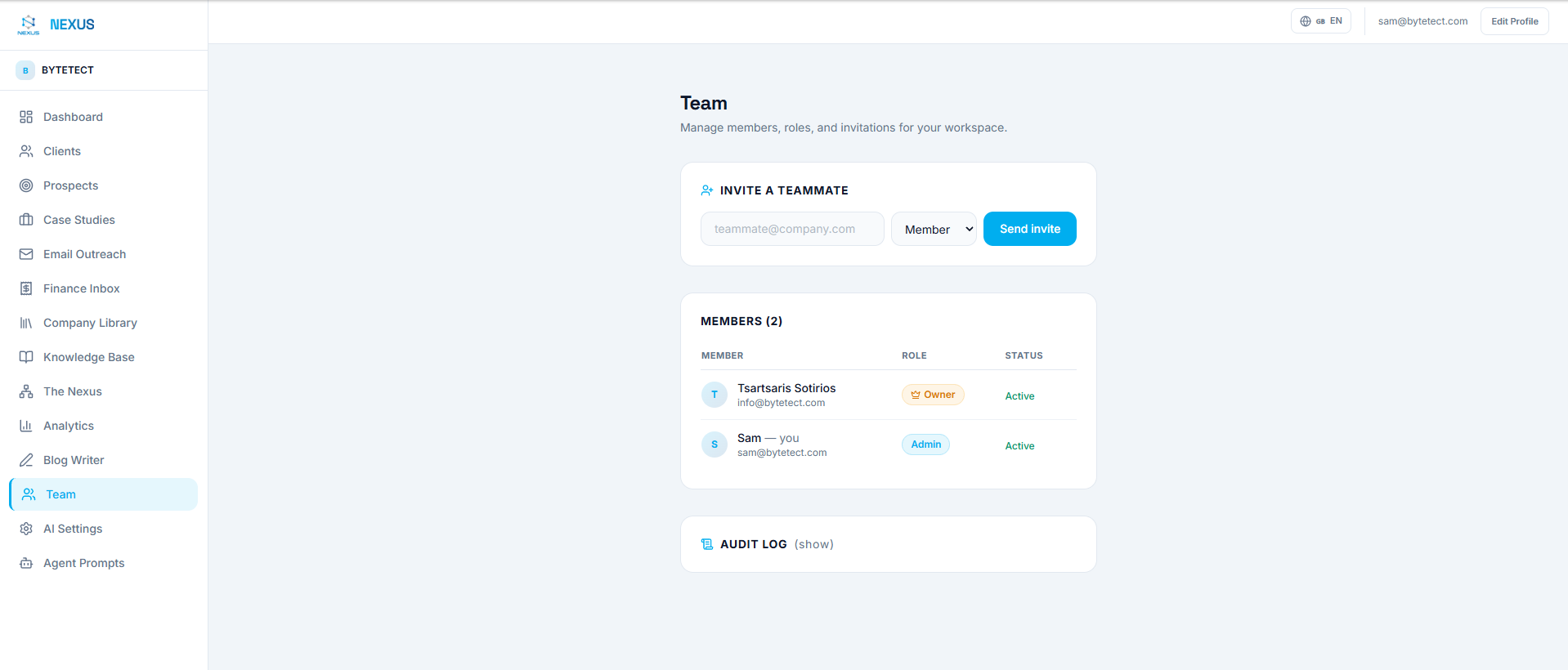Nexus OMAS Team settings with invitations, roles, and the audit log
