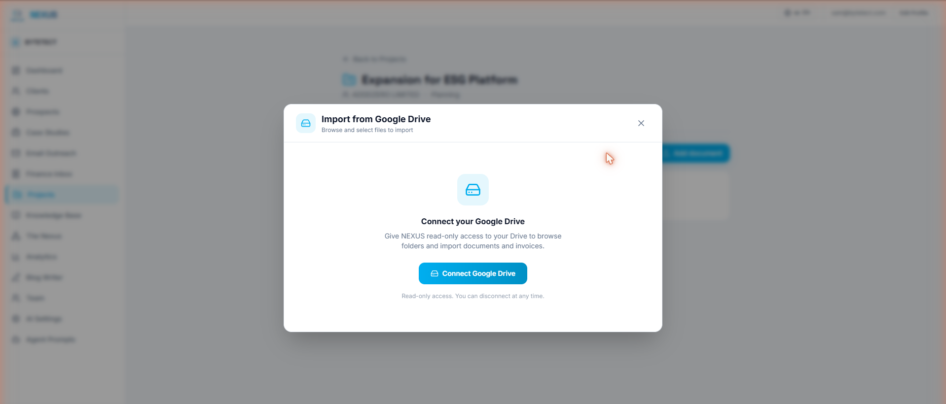 The Connect Google Drive panel in Nexus OMAS asking for read-only access