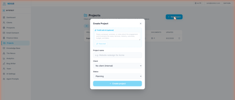 The New Project modal in Nexus OMAS with the Prefill with AI text parser