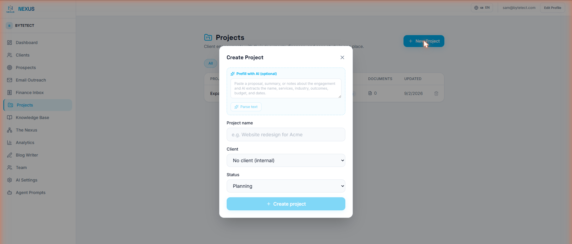 The New Project modal in Nexus OMAS with the Prefill with AI text parser