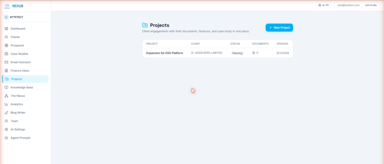 The Projects page in Nexus OMAS listing client engagements with status and document counts